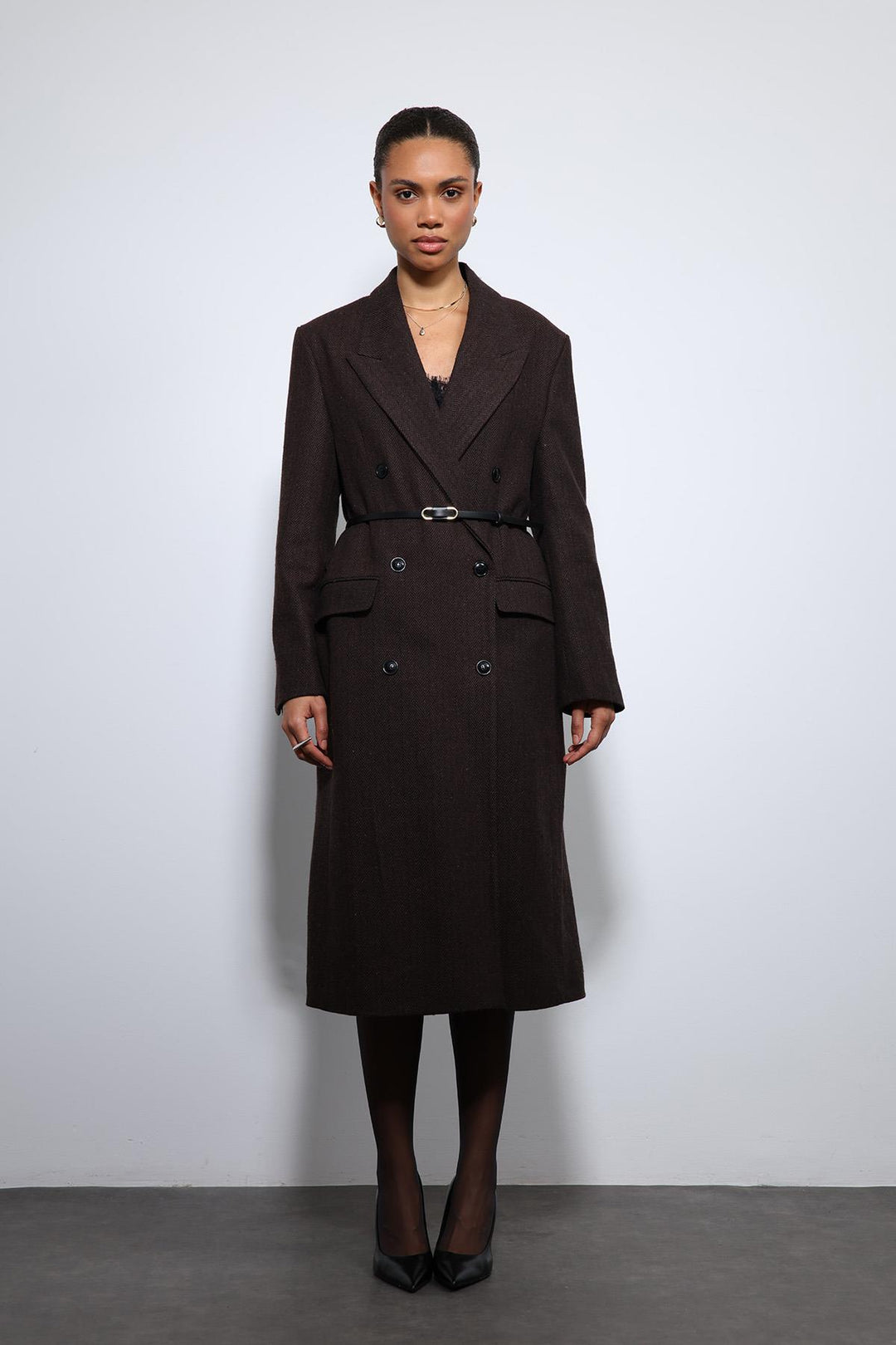 ANT Antioch Kahve Balıksırtı Desenli Kemerli Kaban - Mitrovicë