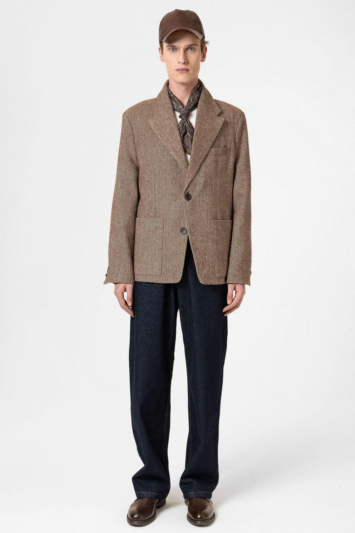 ANT Antioch Coffee Herringbone Patterned Oversized Men's Blazer Jacket - Hoofddorp