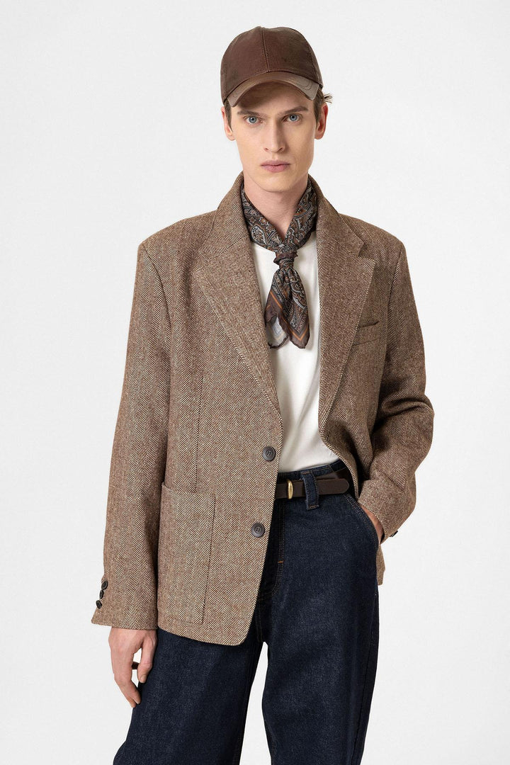 ANT Antioch Coffee Herringbone Patterned Oversized Men's Blazer Jacket - Hoofddorp