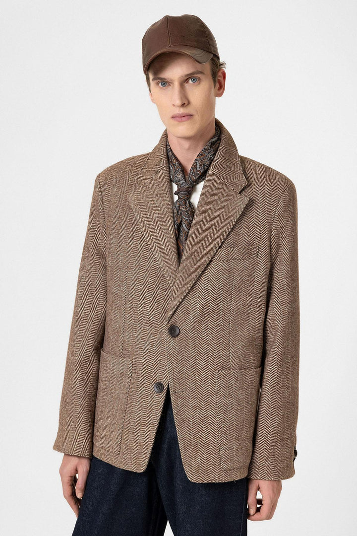 ANT Antioch Coffee Herringbone Patterned Oversized Men's Blazer Jacket - Hoofddorp