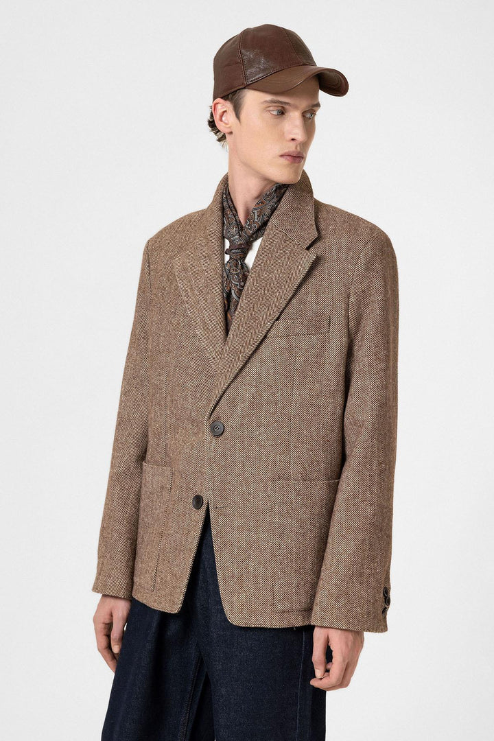 ANT Antioch Coffee Herringbone Patterned Oversized Men's Blazer Jacket - Hoofddorp