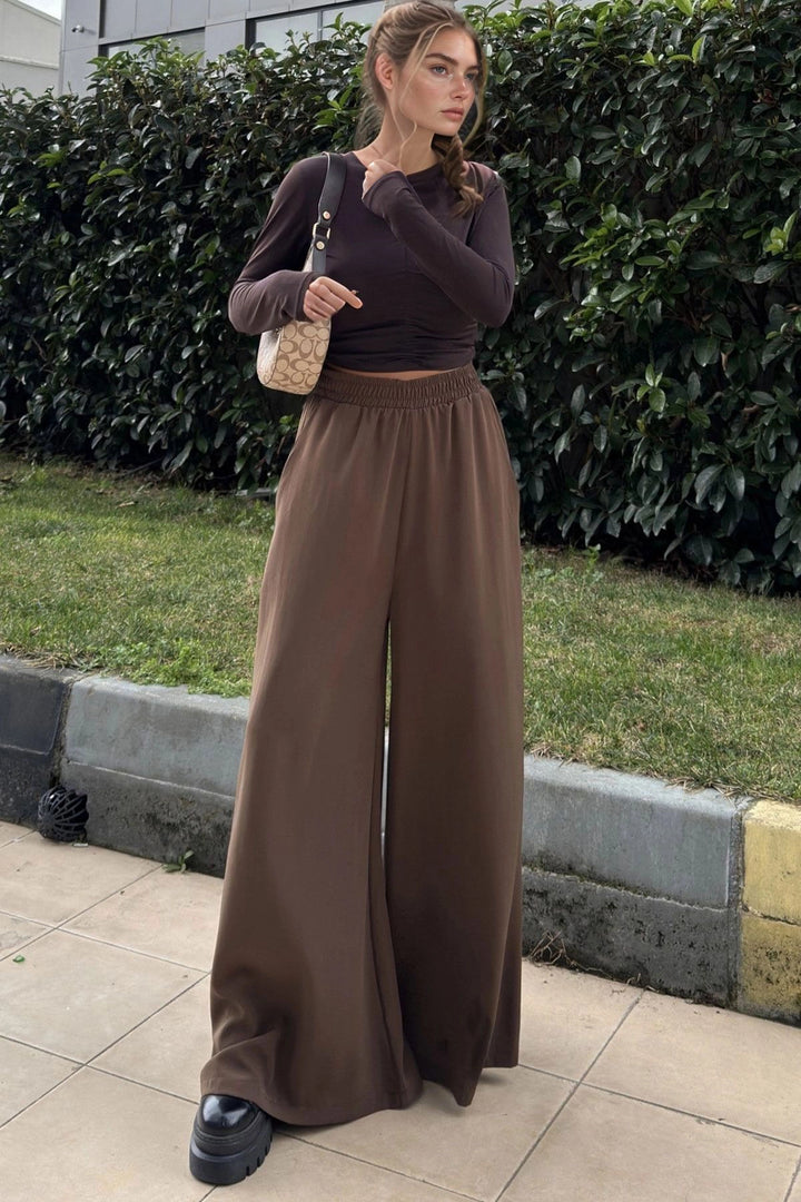 Coffee High Waist Elasticated Pocket Wide Leg Soft Textured Baggy Pants BCBSK-25700-3391 - Draper