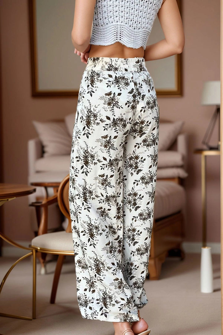 Coffee High Waisted Elastic Waist Pocketed Patterned Wide Leg Pants BCBSK-25700-3644 - Folsom