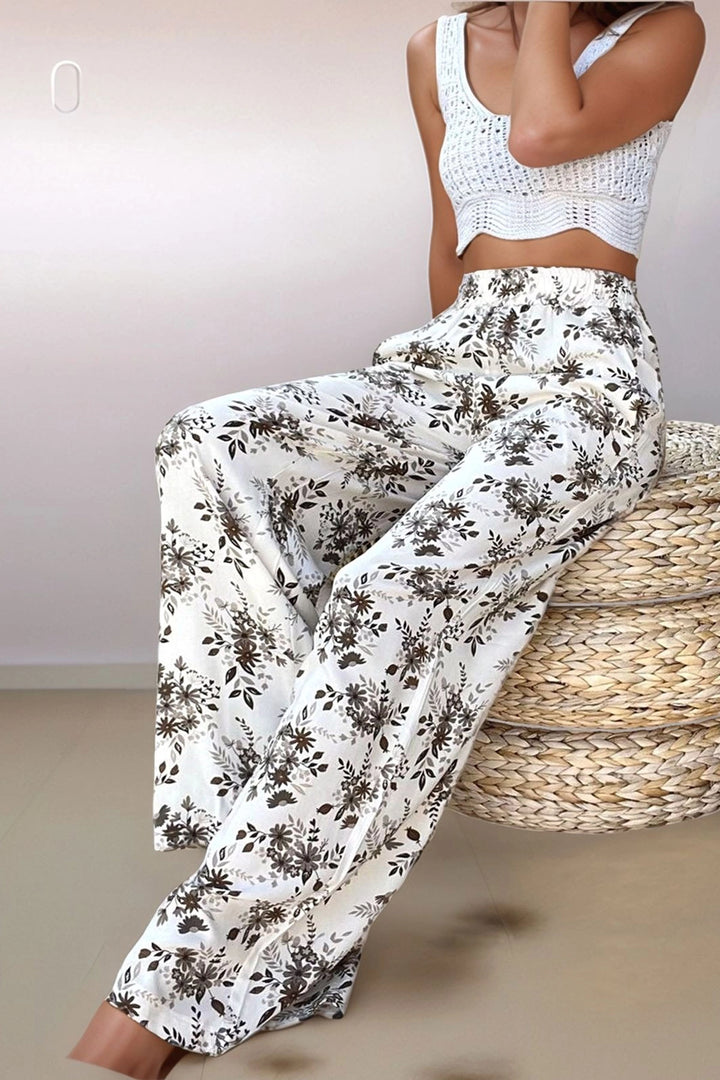 Coffee High Waisted Elastic Waist Pocketed Patterned Wide Leg Pants BCBSK-25700-3644 - Folsom
