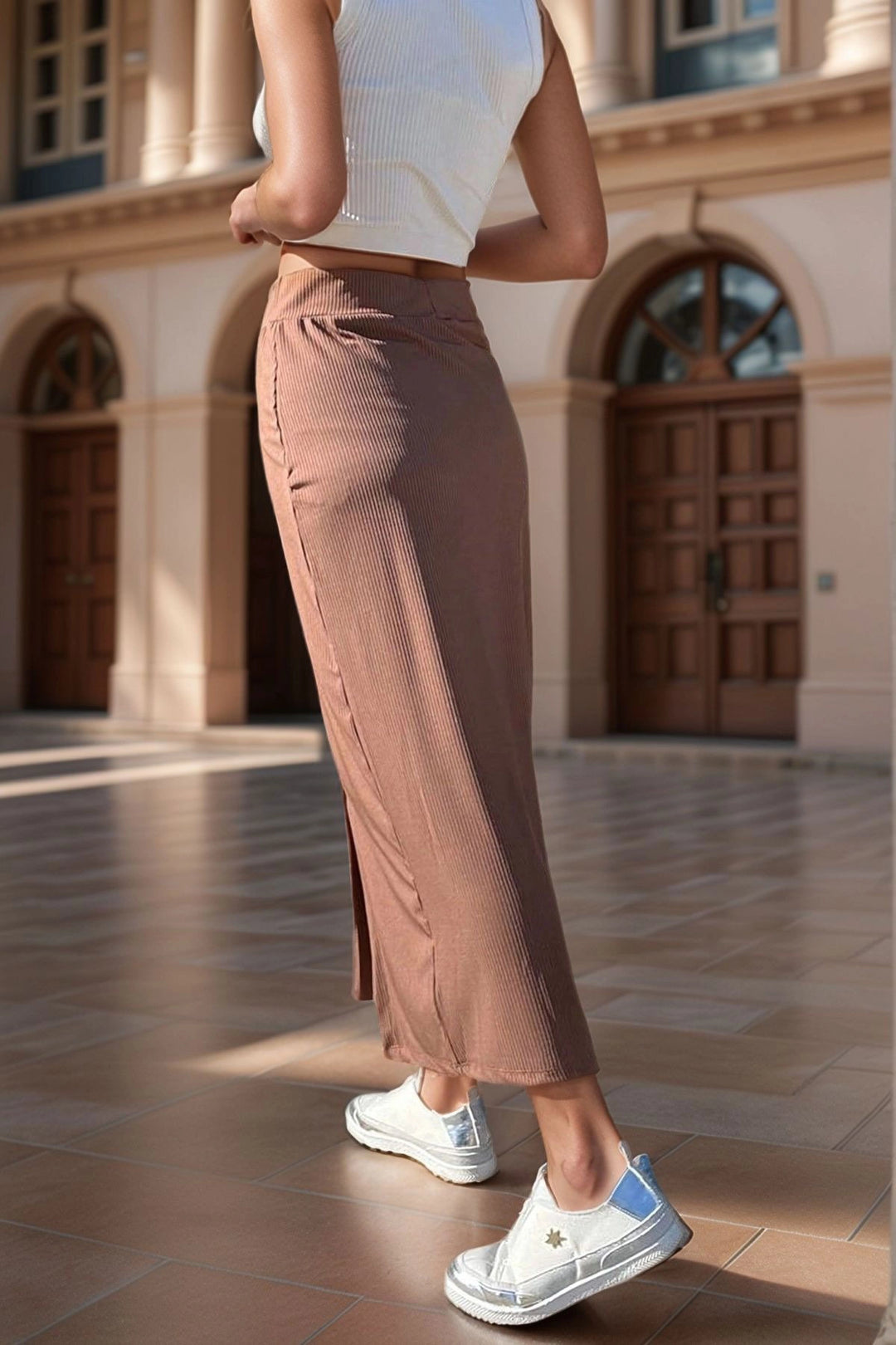 Coffee Waist Elastic Buttoned Slit Skirt BCBSK-25700-3599 - Dordrecht