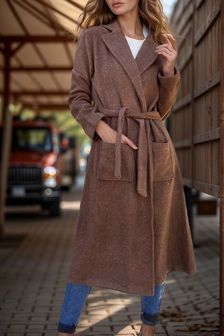 Coffee Jacket Collar Belted Pocketed Coat BCBSK-25700-3310 - Heusden