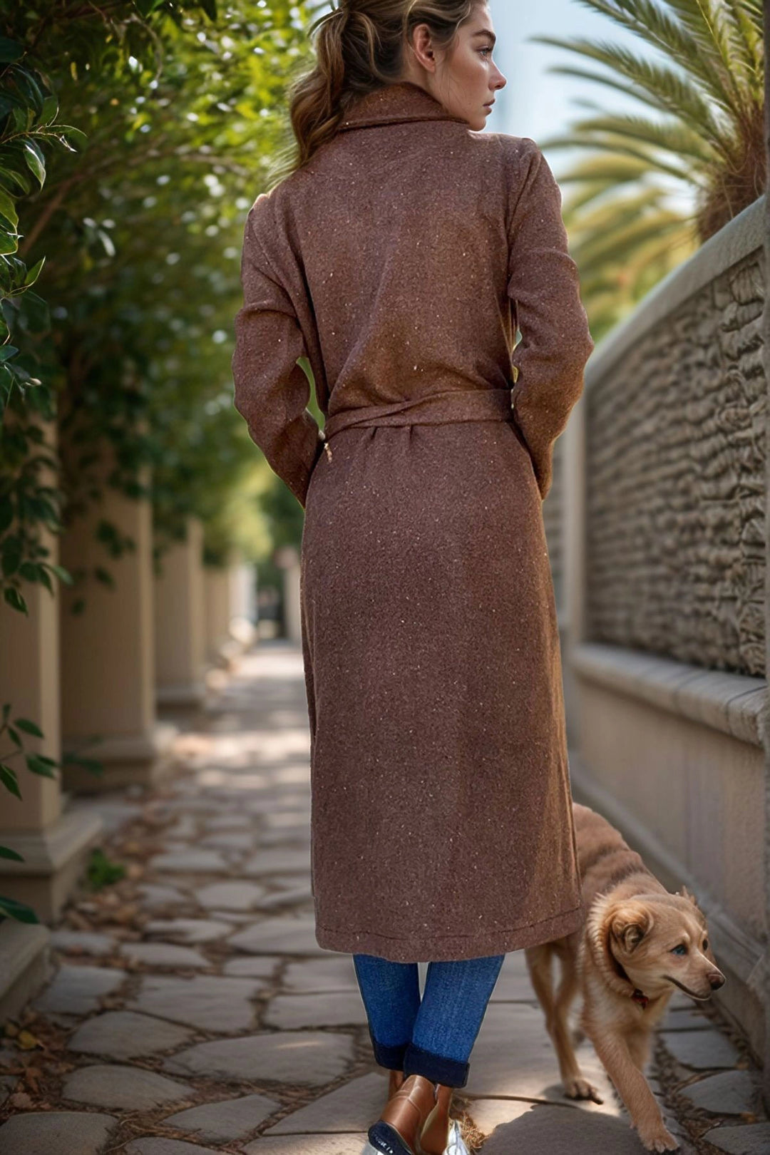 Coffee Jacket Collar Belted Pocketed Coat BCBSK-25700-3310 - Heusden
