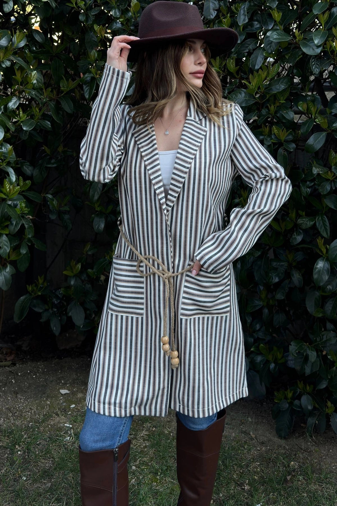 Coffee Striped Long Boyfriend Jacket BCBSK-25700-3272 - Oberhausen