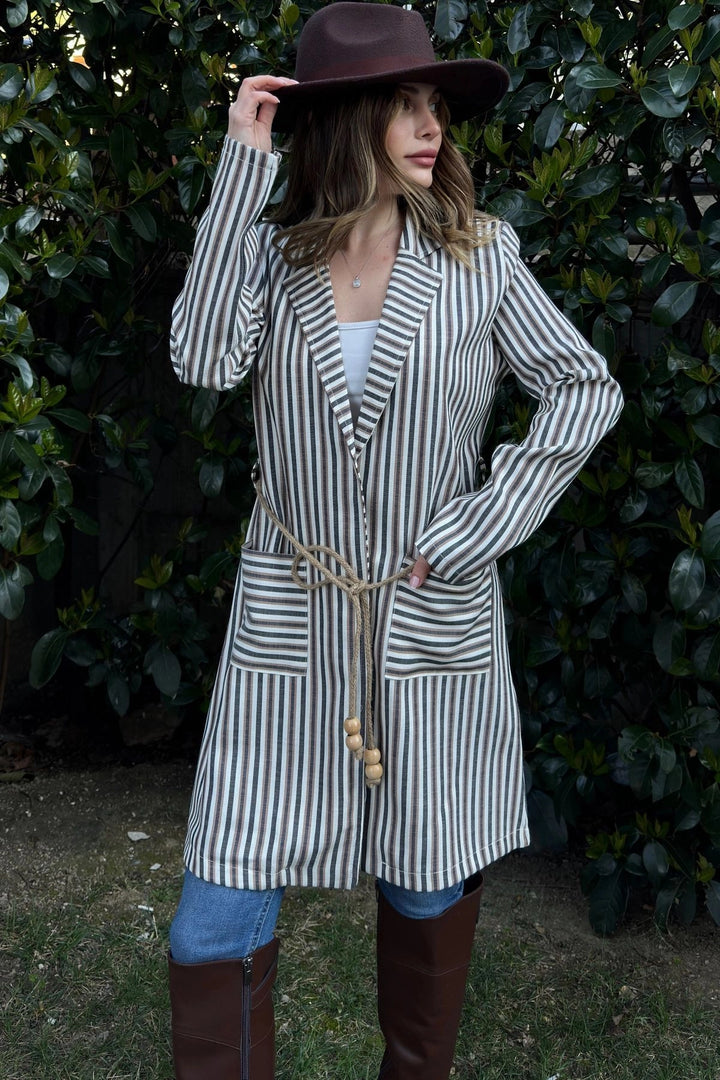 Coffee Striped Long Boyfriend Jacket BCBSK-25700-3272 - Oberhausen