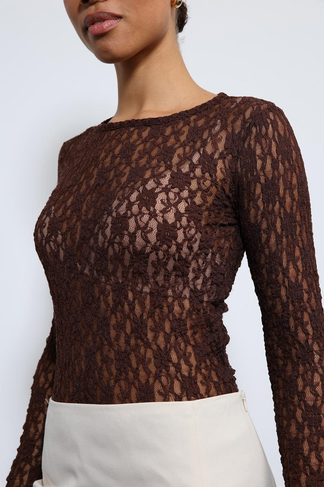 ANT Antioch Kahve Dantel Detaylı Transparan Bluz - Rochester