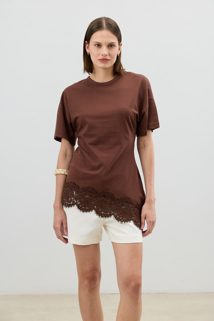 ANT Antioch Kahve Dantelli Pamuklu Kadın T-Shirt - Ibbenbüren