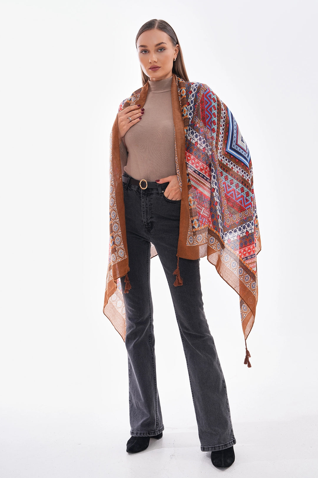 Coffee Patterned Fringed Shawl BCNSV-2515239 - Bristol