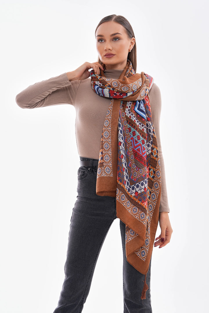Coffee Patterned Fringed Shawl BCNSV-2515239 - Bristol