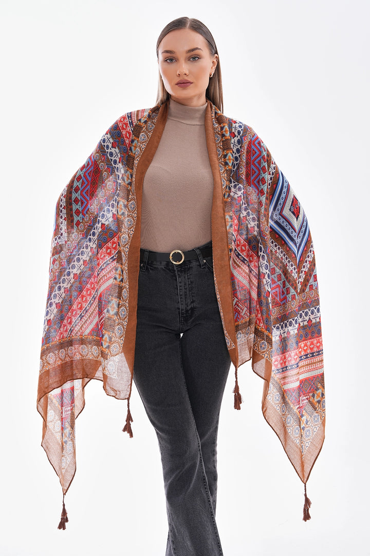 Coffee Patterned Fringed Shawl BCNSV-2515239 - Bristol