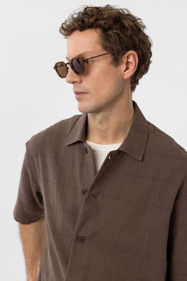ANT Antioch Coffee Textured Jacquard Cotton Men's Short Sleeve Shirt - Bracknell