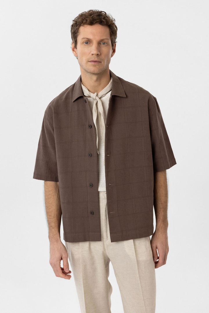 ANT Antioch Coffee Textured Jacquard Cotton Men's Short Sleeve Shirt - Bracknell