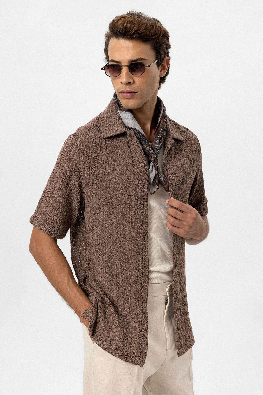 ANT Antioch Coffee-Colored Crochet Men's Shirt - Barcelos