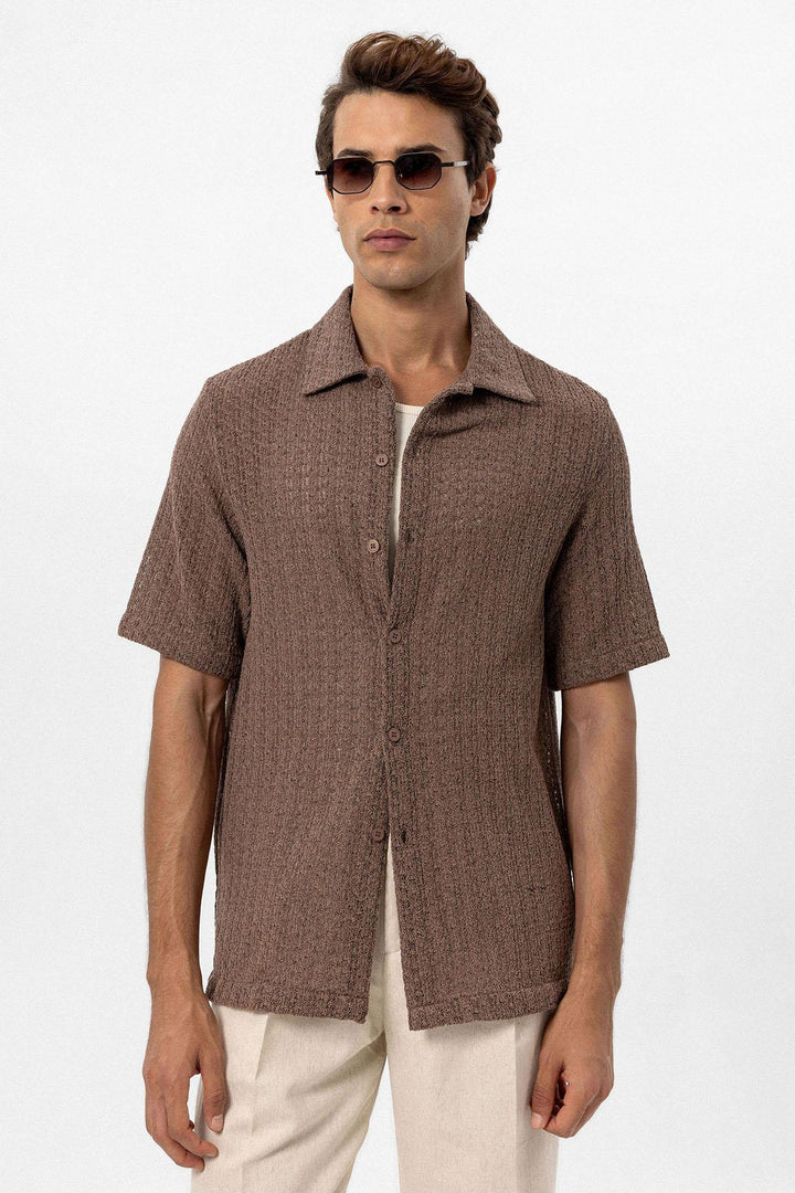 ANT Antioch Coffee-Colored Crochet Men's Shirt - Barcelos