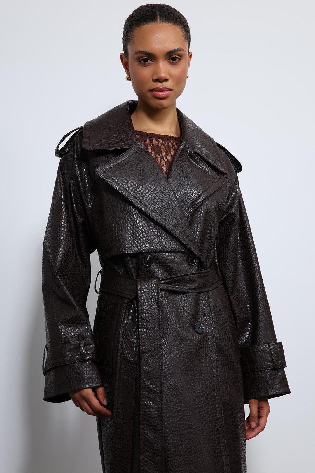 ANT Antioch Coffee-Colored Faux Leather Trench Coat - Weymouth