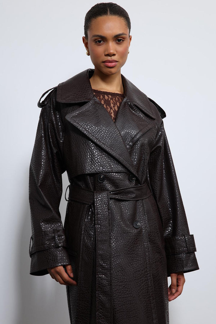 ANT Antioch Coffee-Colored Faux Leather Trench Coat - Weymouth