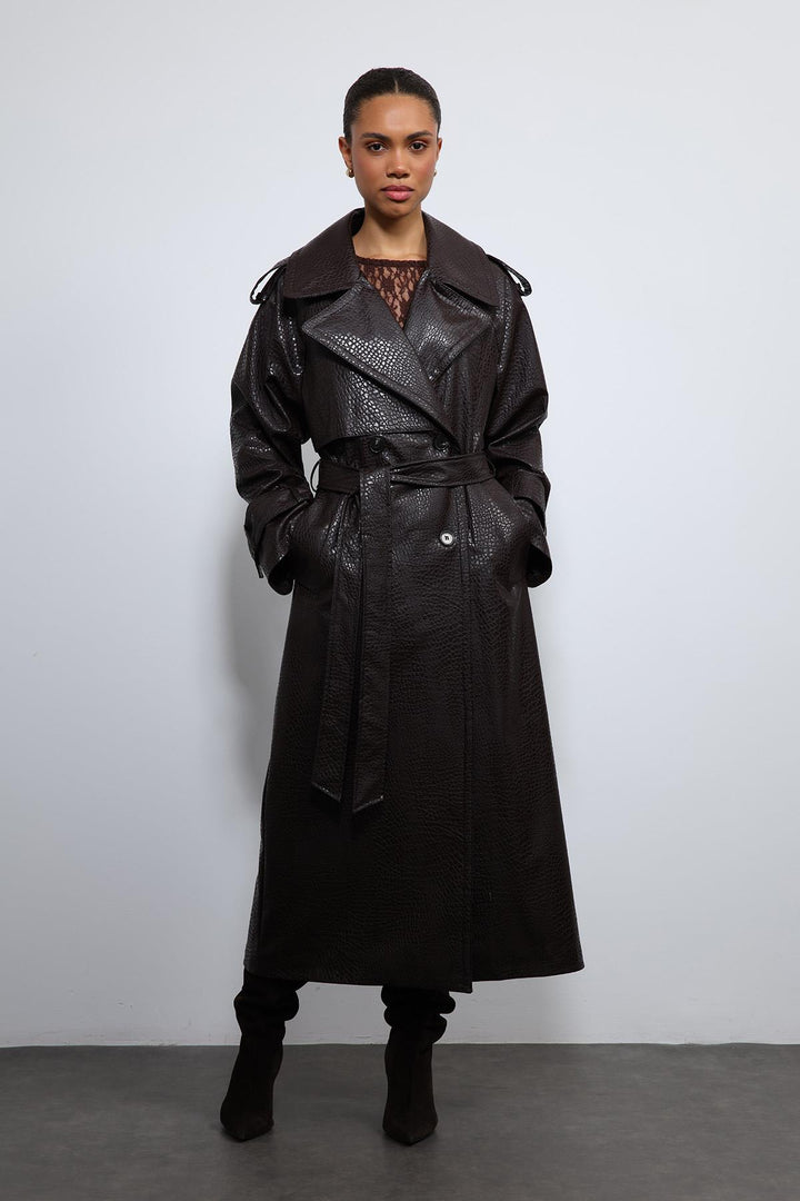 ANT Antioch Coffee-Colored Faux Leather Trench Coat - Weymouth