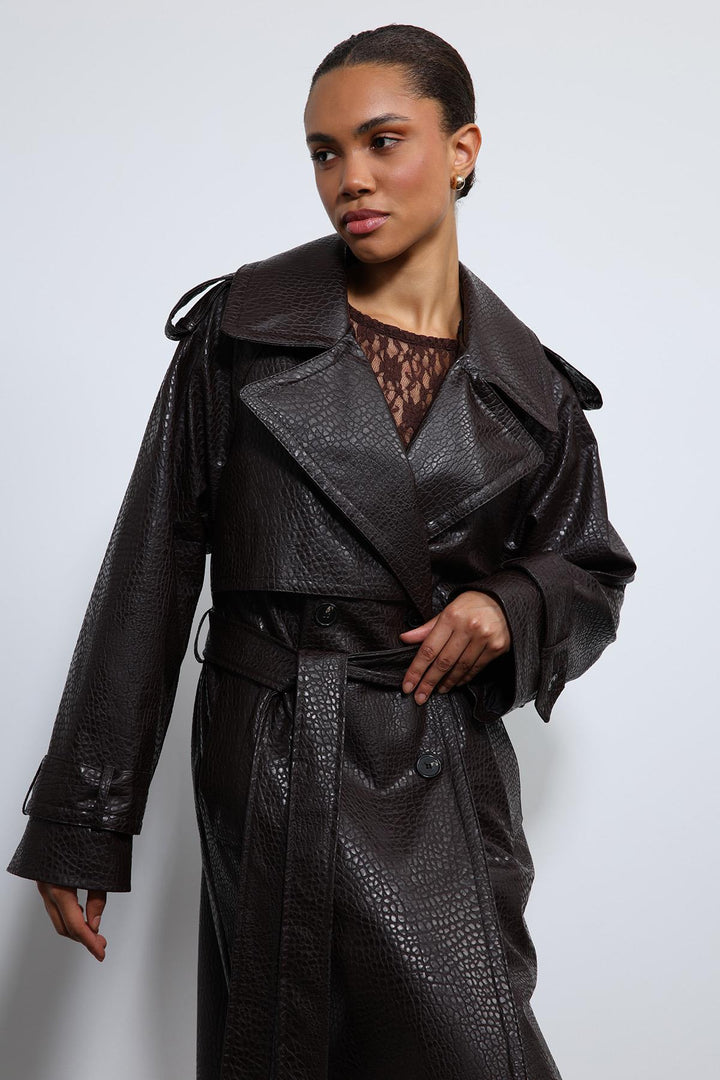 ANT Antioch Coffee-Colored Faux Leather Trench Coat - Weymouth