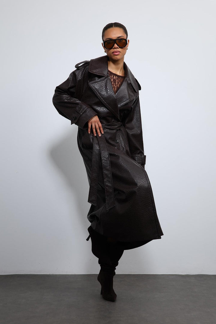 ANT Antioch Coffee-Colored Faux Leather Trench Coat - Weymouth