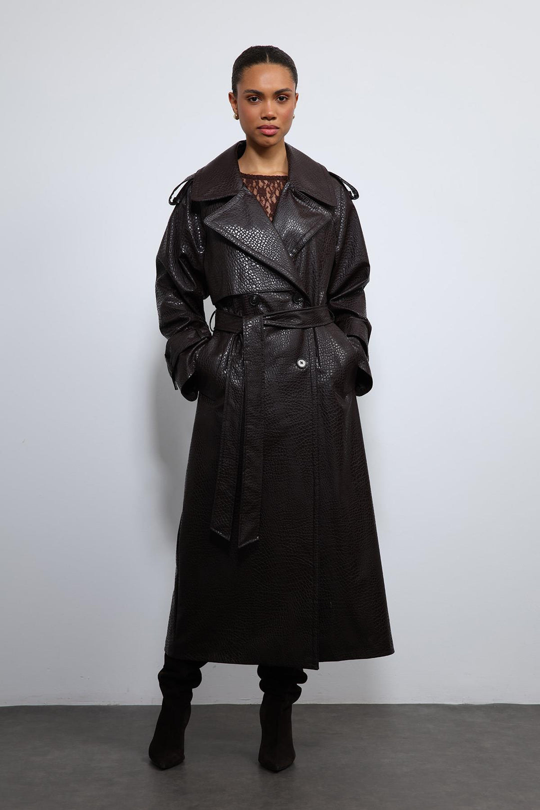 ANT Antioch Coffee-Colored Faux Leather Trench Coat - Weymouth