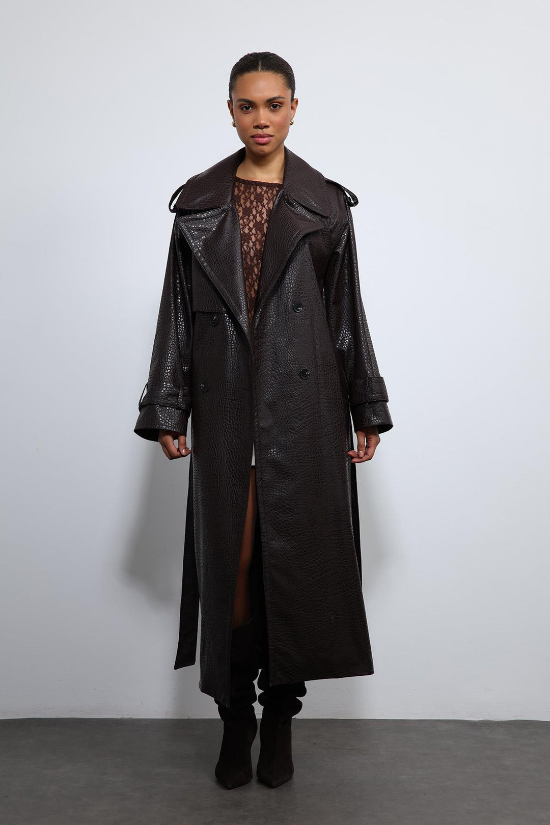 ANT Antioch Coffee-Colored Faux Leather Trench Coat - Weymouth