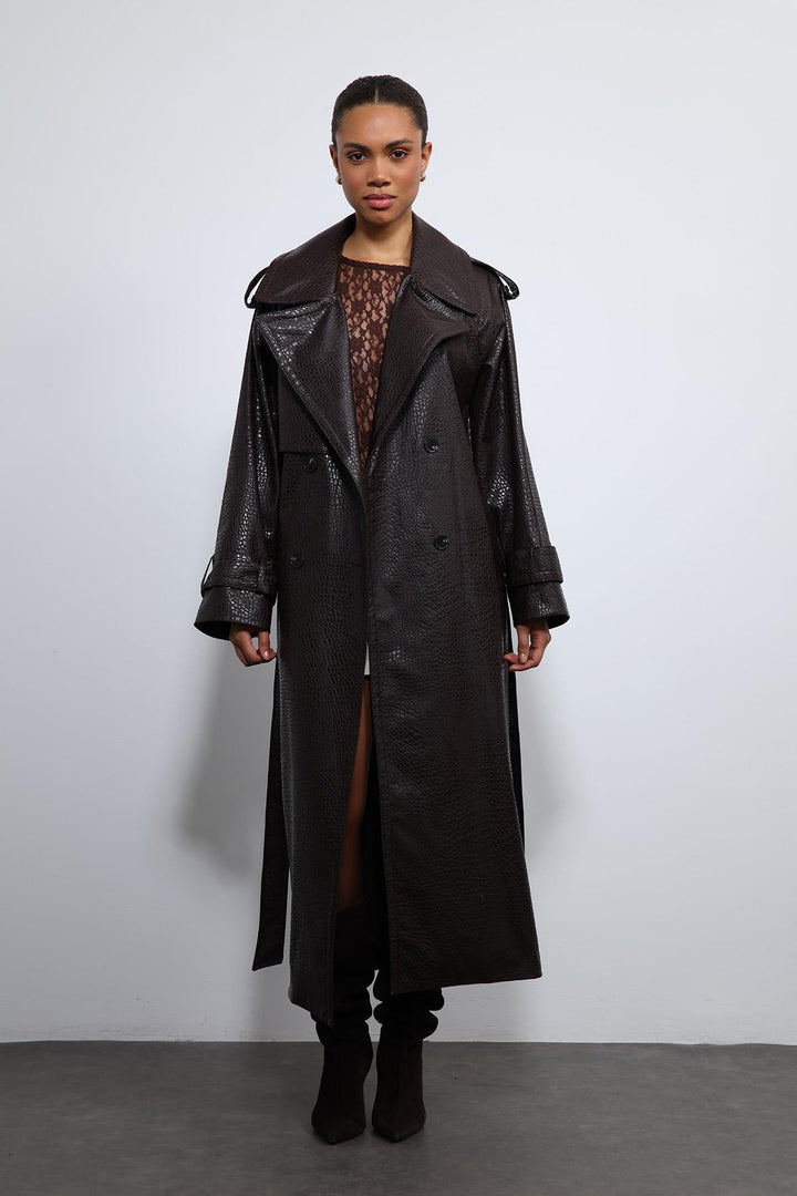 ANT Antioch Coffee-Colored Faux Leather Trench Coat - Weymouth