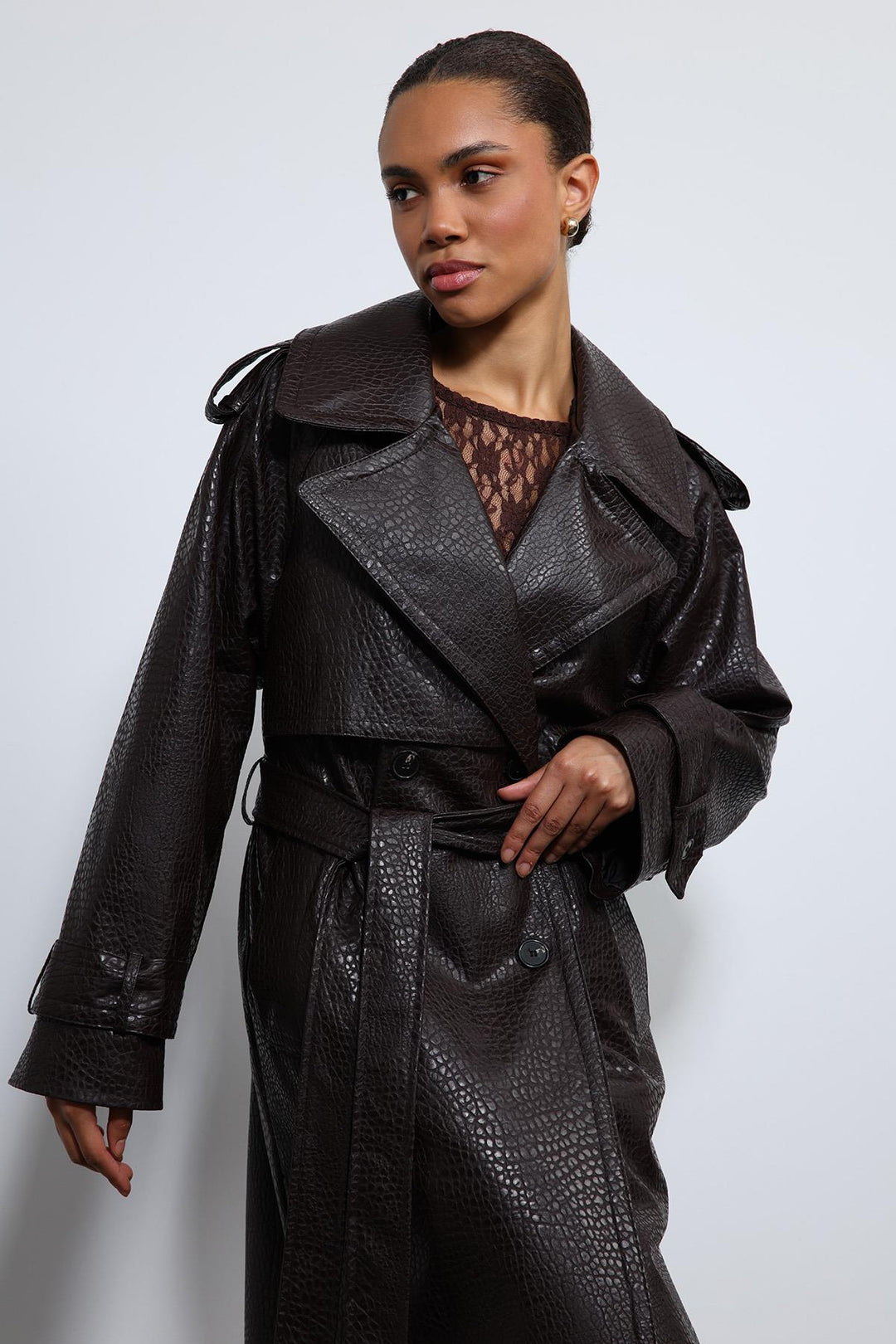 ANT Antioch Coffee-Colored Faux Leather Trench Coat - Weymouth
