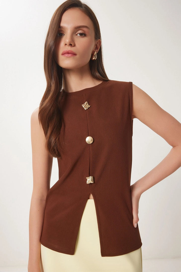 Coffee-colored Buttoned Knitted Blouse BCDF-2540000 - Rockwall