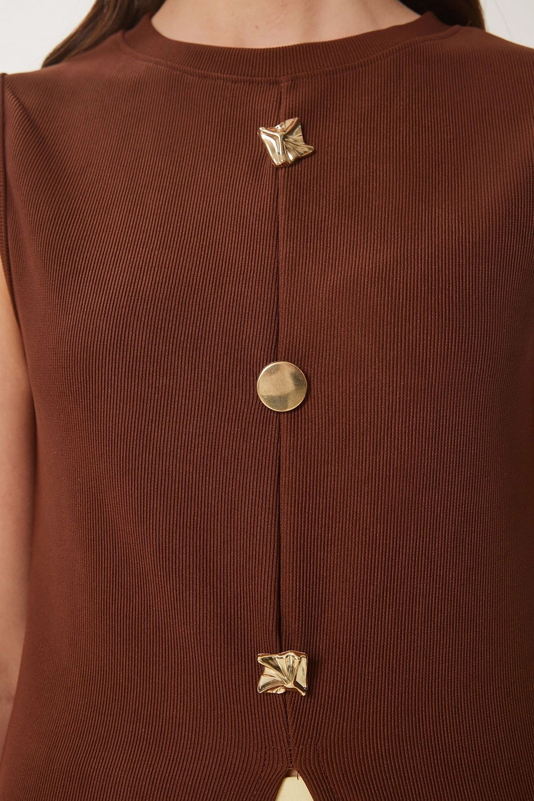 Coffee-colored Buttoned Knitted Blouse BCDF-2540000 - Rockwall