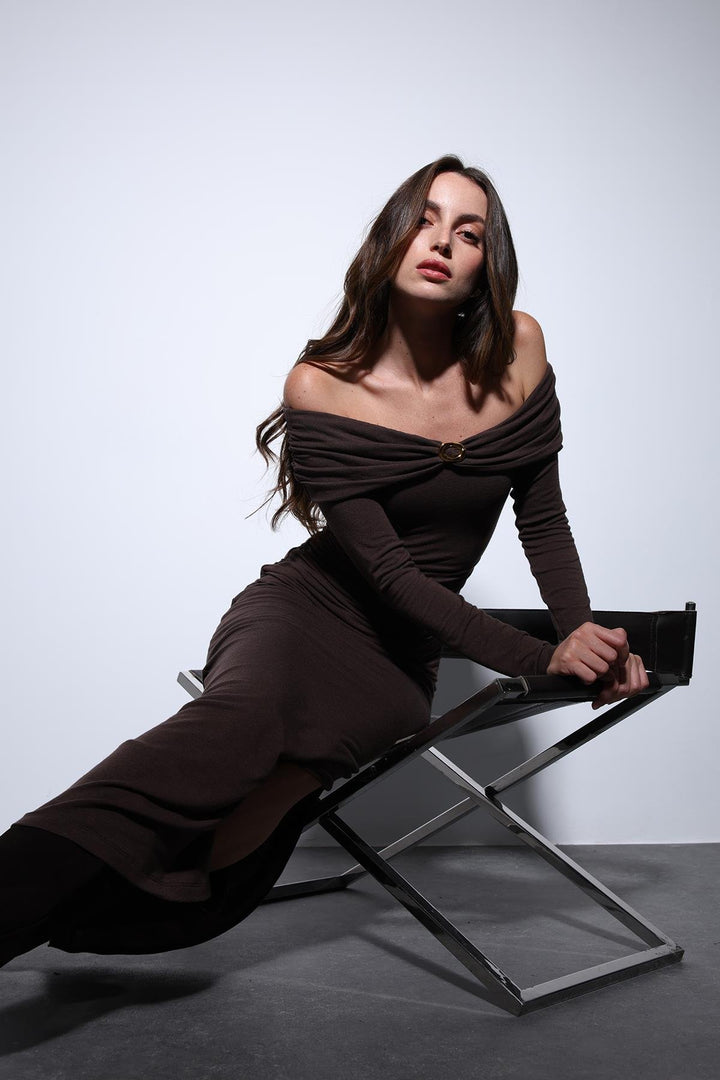 ANT Antioch Kahve Drape Detaylı Aksesuarlı Elbise - Câmara de Lobos