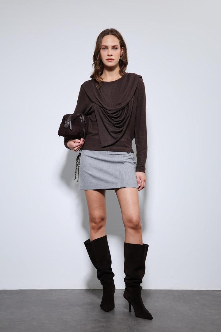 ANT Antioch Coffee Draped Shawl Detailed Top - Caltanissetta