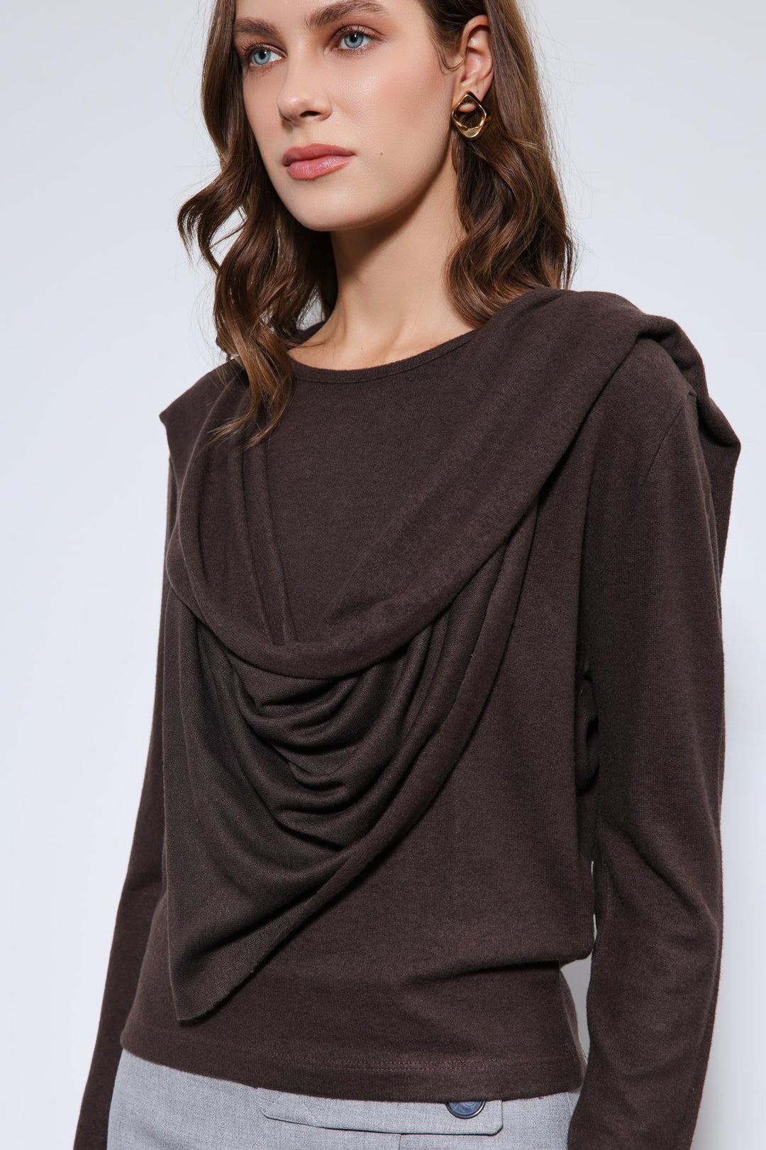 ANT Antioch Coffee Draped Shawl Detailed Top - Caltanissetta
