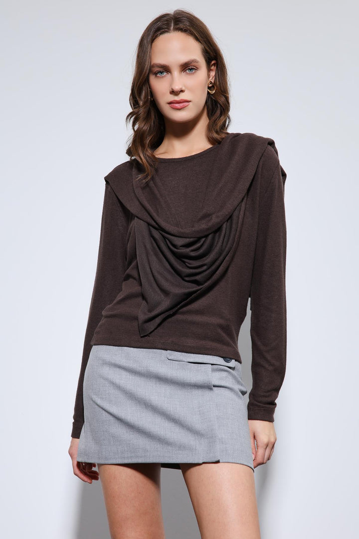 ANT Antioch Coffee Draped Shawl Detailed Top - Caltanissetta