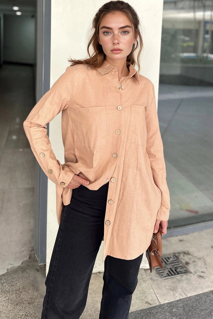 Coffee Button Detailed Oversized Long Sleeve Shirt BCBSK-25700-3558 - Stevenage