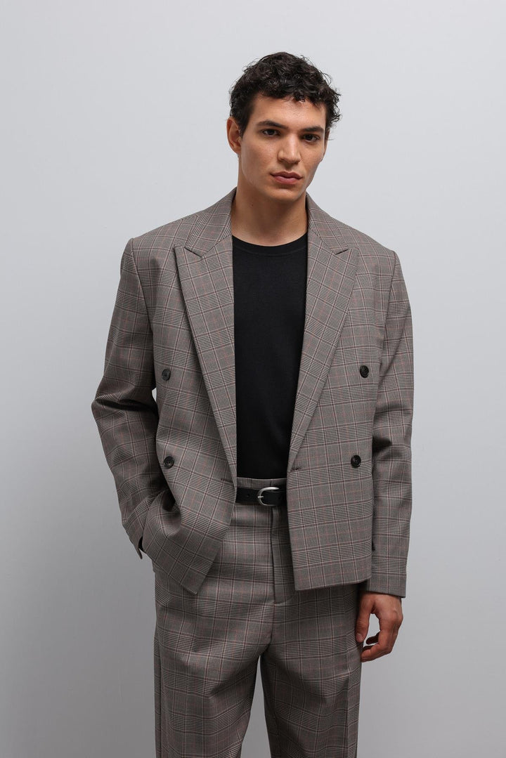 ANT Antioch Coffee Checkered Double Breasted Men's Blazer Jacket - Kendale Lakes