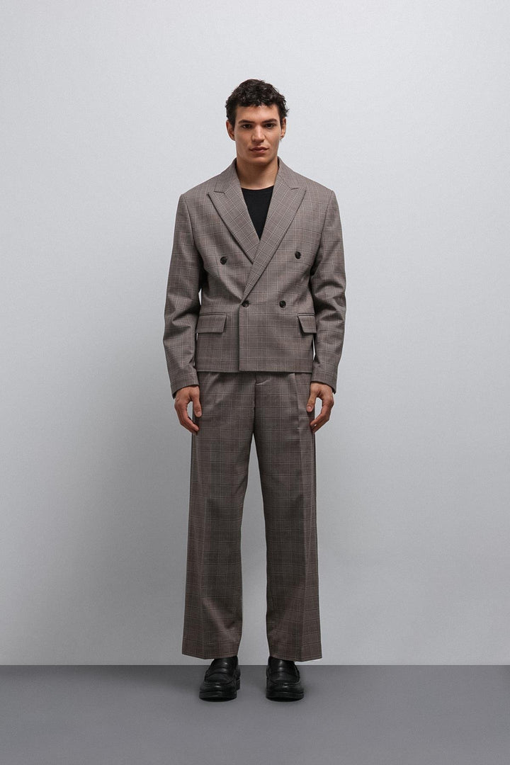 ANT Antioch Coffee Checkered Double Breasted Men's Blazer Jacket - Kendale Lakes
