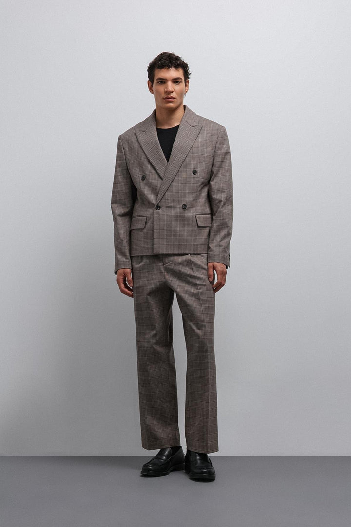 ANT Antioch Coffee Checkered Double Breasted Men's Blazer Jacket - Kendale Lakes