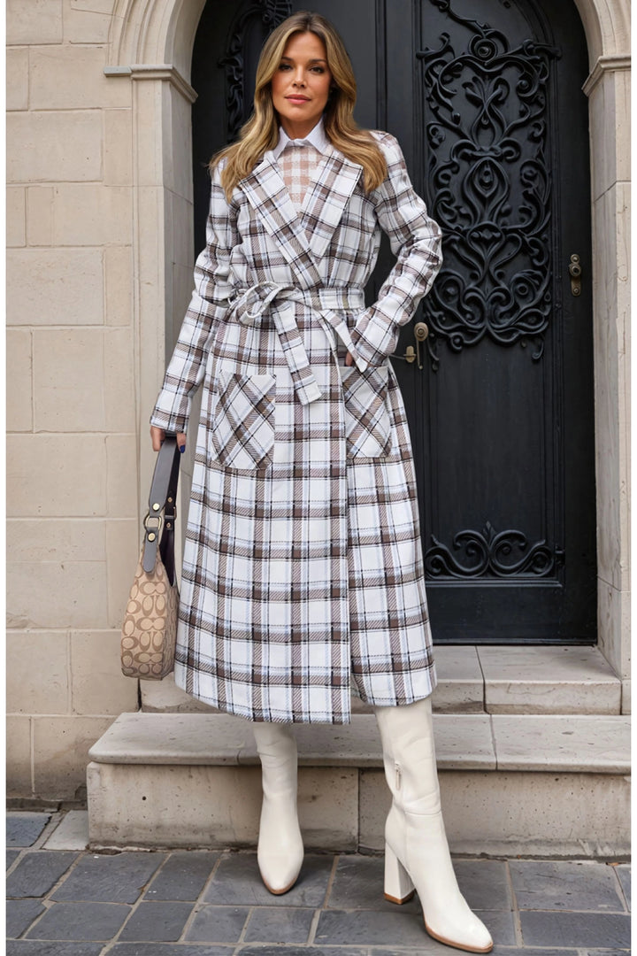 Coffee Ecru Self-Belted Pocketed Unlined Long Coat BCBSK-25700-3564 - Scunthorpe