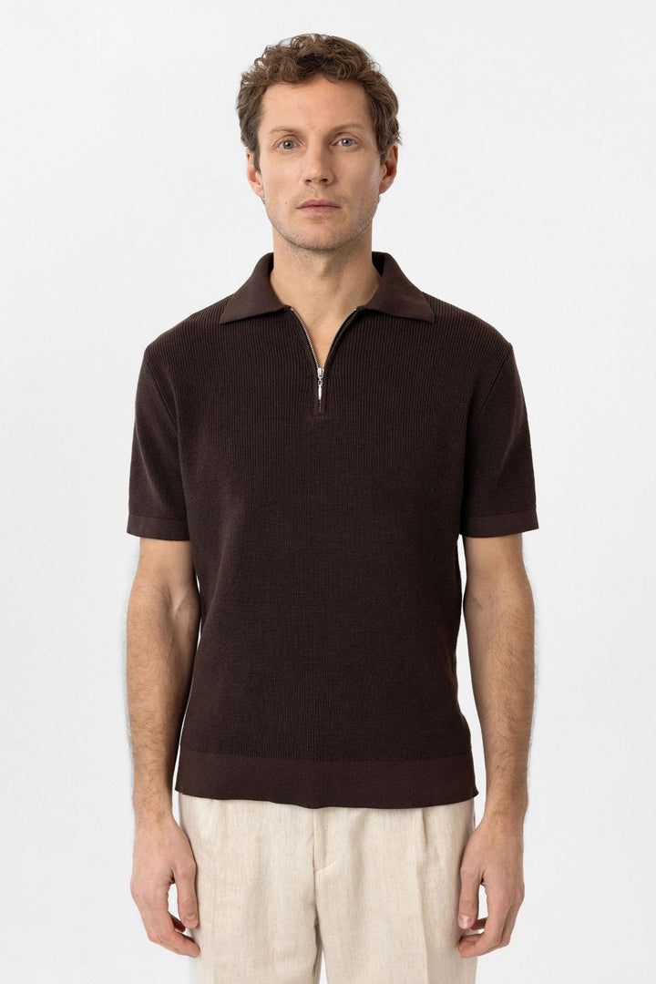 ANT Antioch Kahve Fermuarlı Dokuma Erkek Triko T-Shirt - Marcq-en-Baroeul