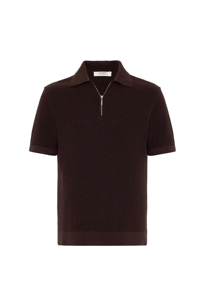 ANT Antioch Kahve Fermuarlı Dokuma Erkek Triko T-Shirt - Marcq-en-Baroeul