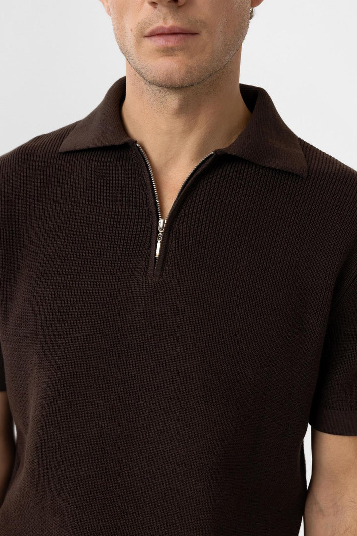ANT Antioch Kahve Fermuarlı Dokuma Erkek Triko T-Shirt - Marcq-en-Baroeul