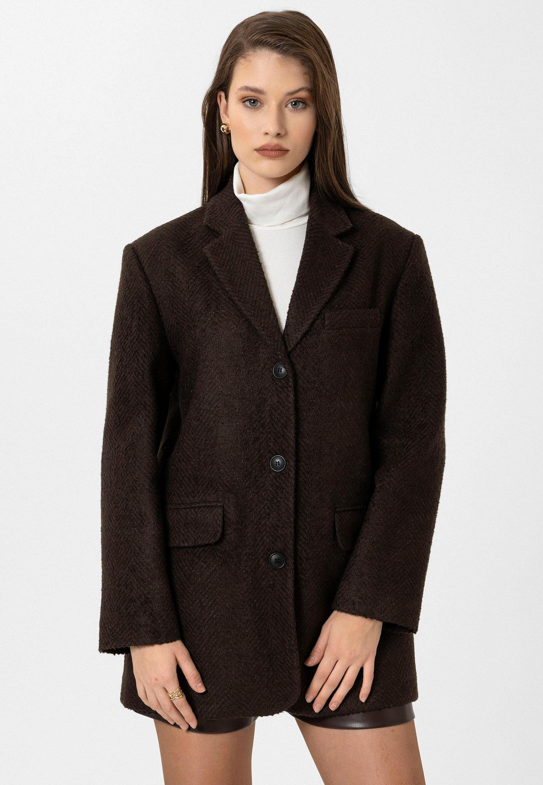 ANT Antioch Coffee Woman Herringbone Patterned Blazer Jacket - Vigevano