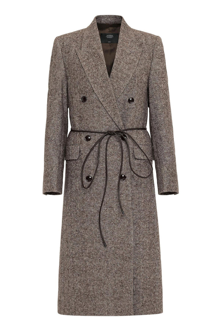 ANT Antioch Kahve Kadın Balıksırtı Desenli Kruvaze Kaban - Arad