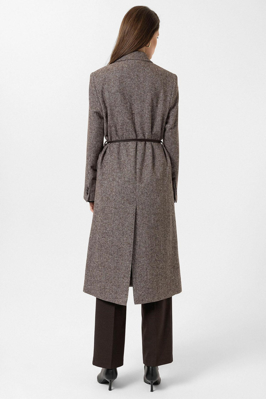 ANT Antioch Kahve Kadın Balıksırtı Desenli Kruvaze Kaban - Arad