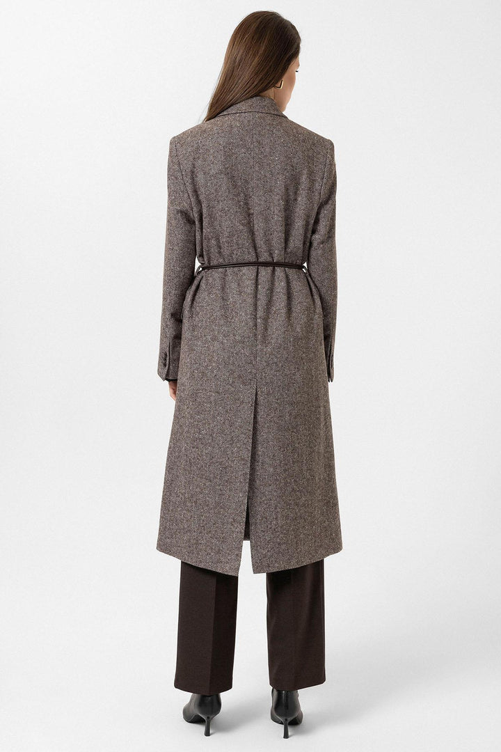 ANT Antioch Kahve Kadın Balıksırtı Desenli Kruvaze Kaban - Arad