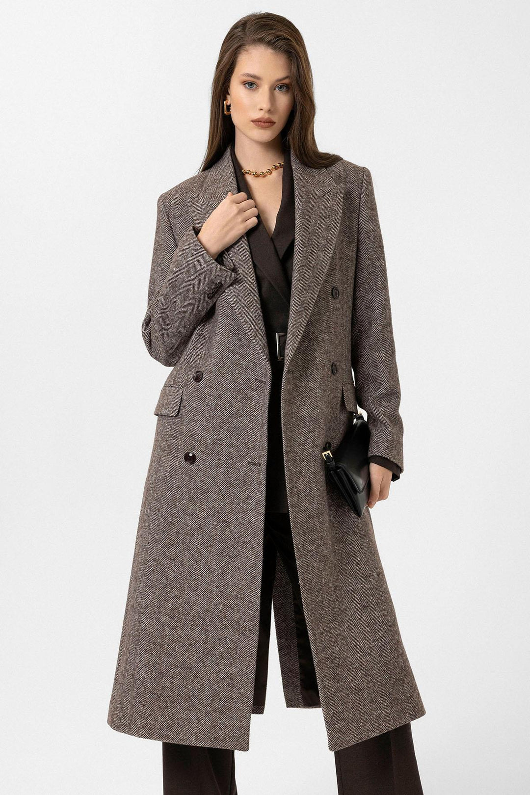 ANT Antioch Kahve Kadın Balıksırtı Desenli Kruvaze Kaban - Arad